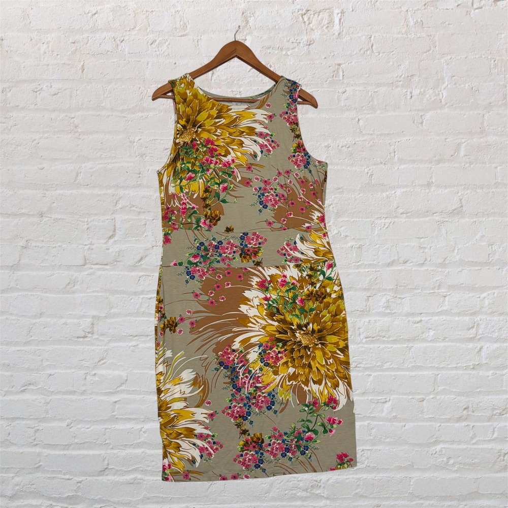 Lascana Floral Sleeveless Sheath Dress Olive Green Multi Color Size 12 NEW